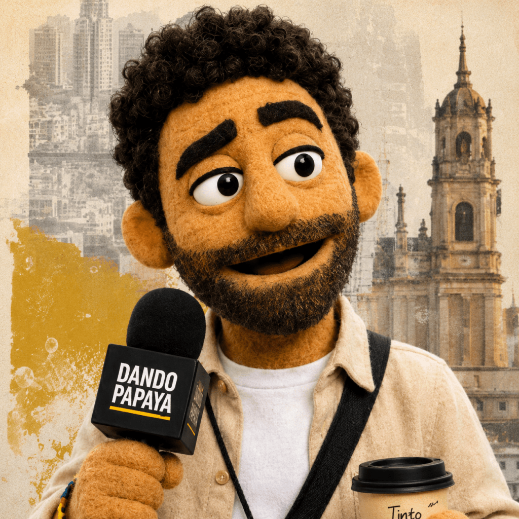 Visual de Pipe Rincón como corresponsal de Dando Papaya, una sección editorial sobre cultura ciudadana, contradicciones cotidianas y humor colombiano.